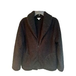 J.JILL, ZIP-UP JACKET. BLACK FUZZY FLEECE. 2 SIDE POCKETS. SIZE L